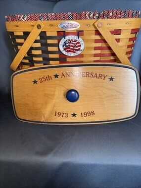 LONGABERGER 25th Anniversary BASKET , Protector, Liner, Lid, & Tie On 1998 Flag